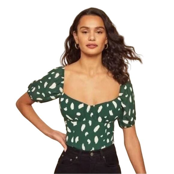 Reformation Berry Blouse Green White Short Puffy Sleeves Cropped Top 0 - Picture 1 of 14